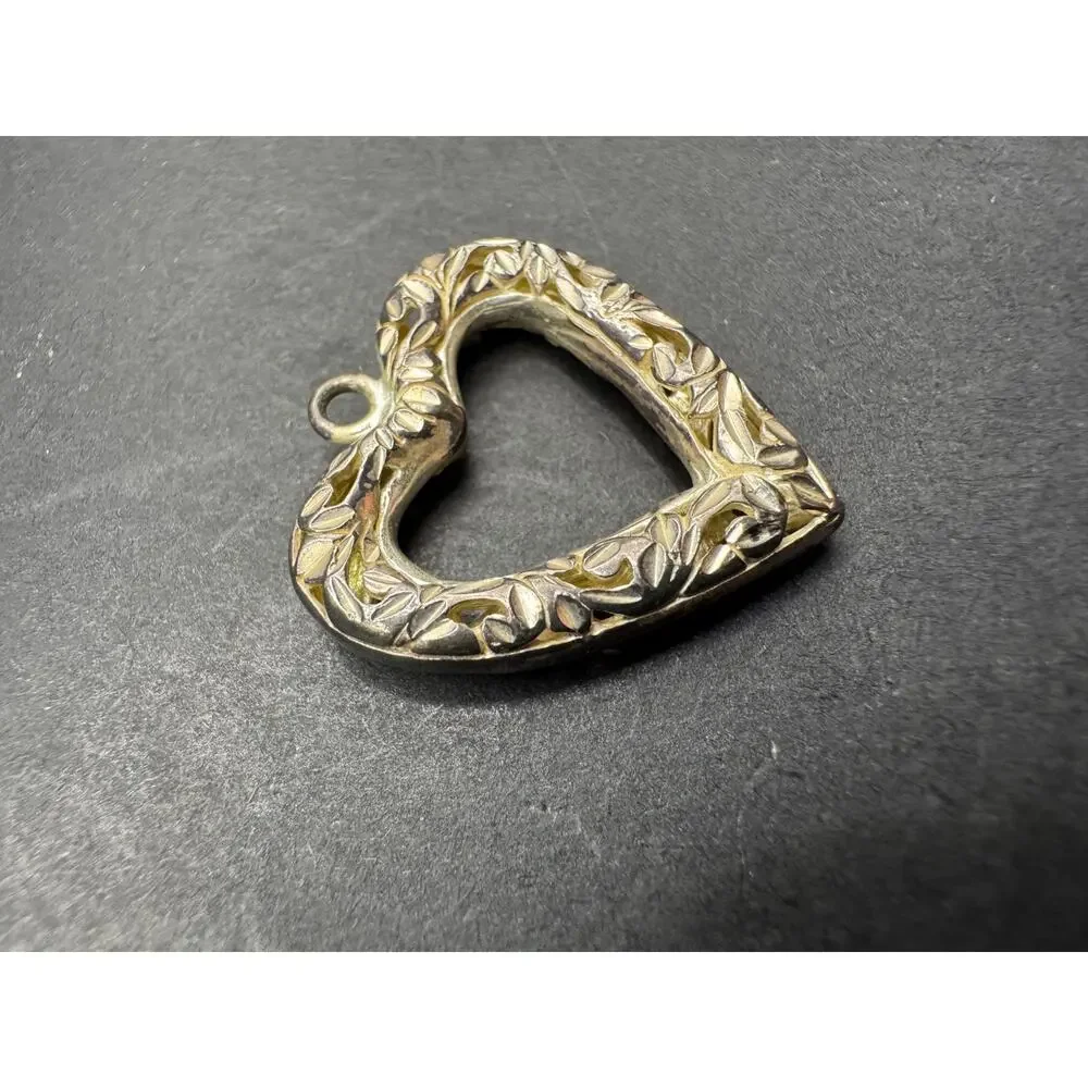 Vintage Silver Tone Floral Engraving Design Open Heart Pendant 0.81